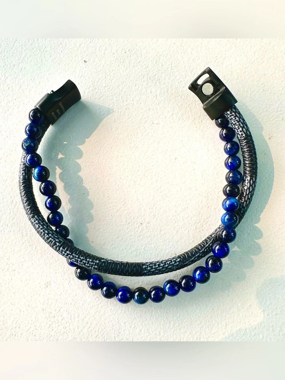 Men's Double Strand Bracelet with Blue Beads and Black Braided Band